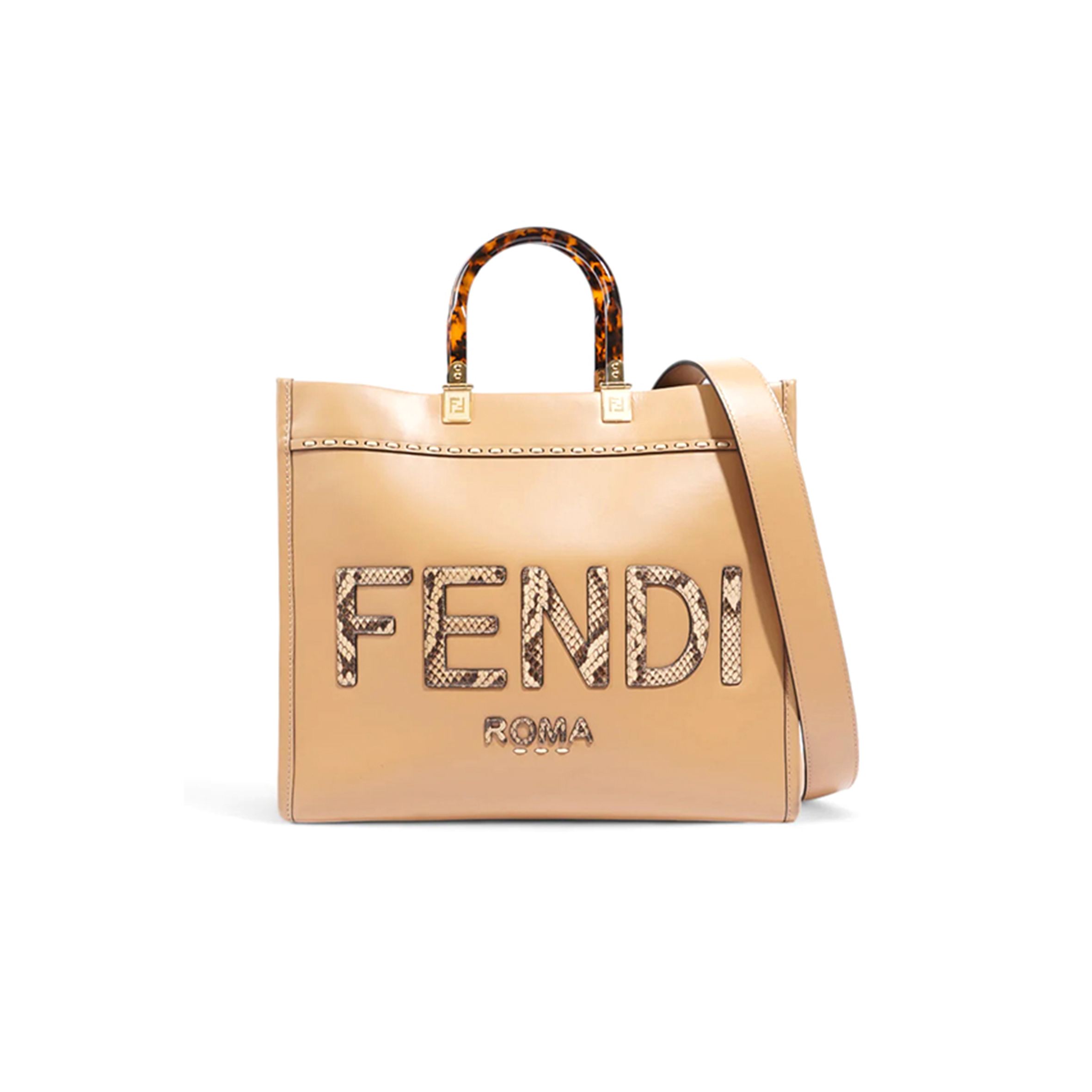 FENDI BEIGE LEATHER AND PYTHON MEDIUM SUNSHINE SHOPPER TOTE  (36*31*12cm)